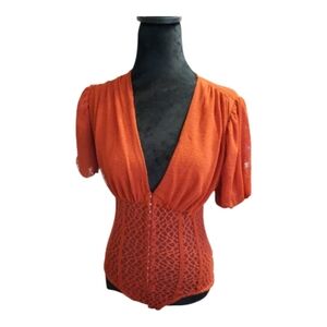 Lulu's Burnt Orange Lace-Panel Deep V Blouse Small